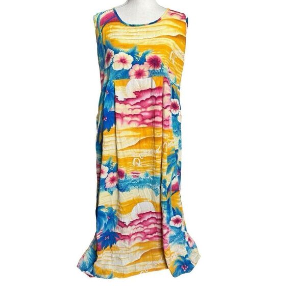 VINTAGE Jams World  Paradise Found Midi Dress Sleeveless Pockets Floral Hawaii L - Picture 1 of 7